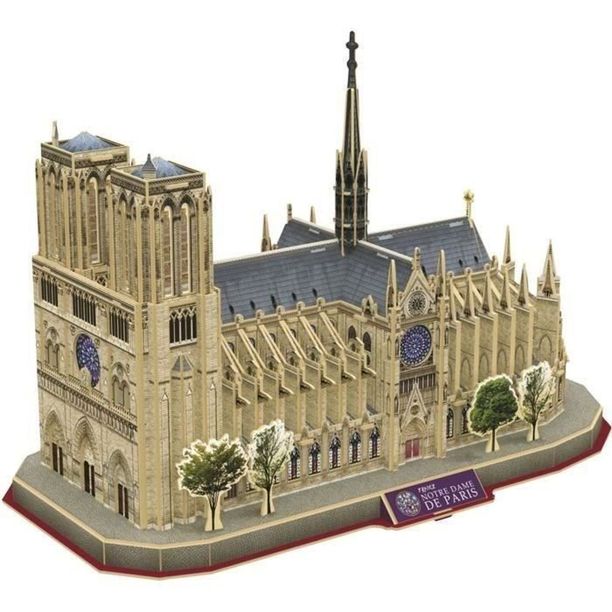 3D-Modell von Notre-Dame de Paris. Das Modell hat ein graues Dach und beige Wände.