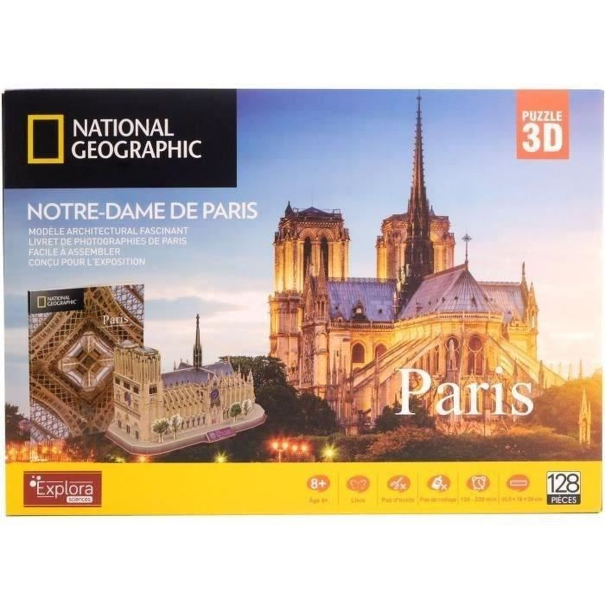 Schachtel eines 3D-Puzzles von Notre-Dame de Paris. Eiffelturm und Paris im Hintergrund.