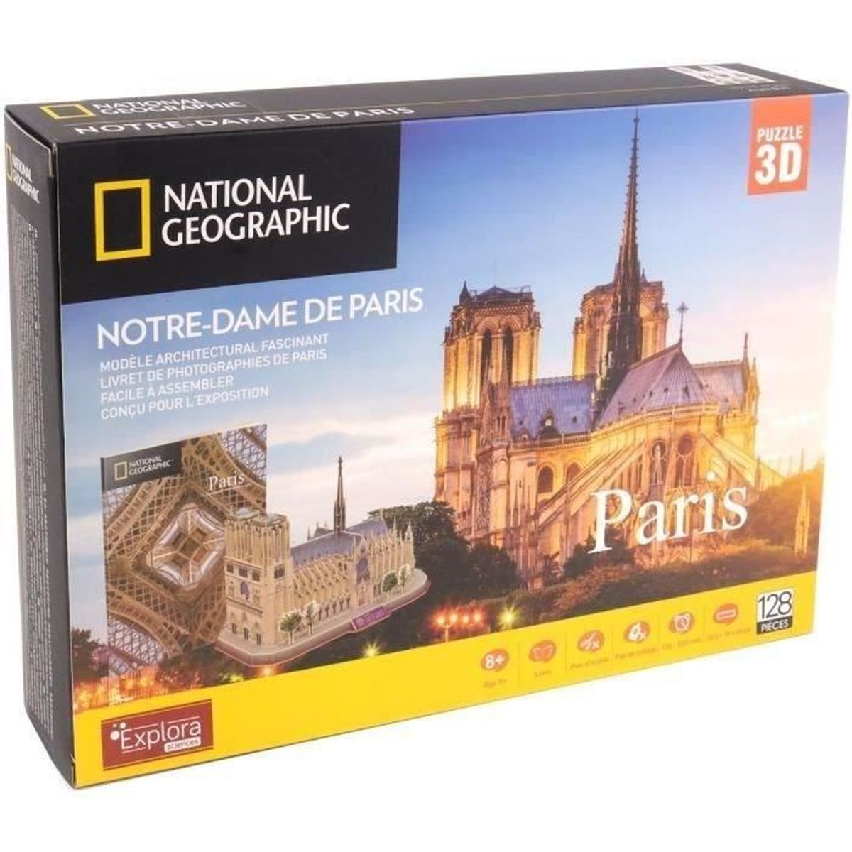Schachtel eines 3D-Puzzles von Notre-Dame de Paris. Eiffelturm und Paris im Hintergrund.