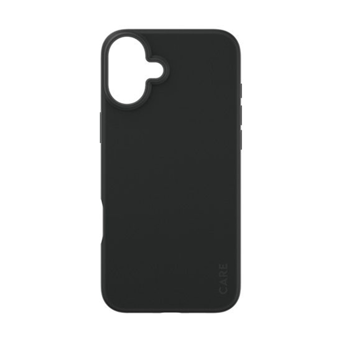 Custodia nera per smartphone, con foro per fotocamera, su sfondo bianco.
