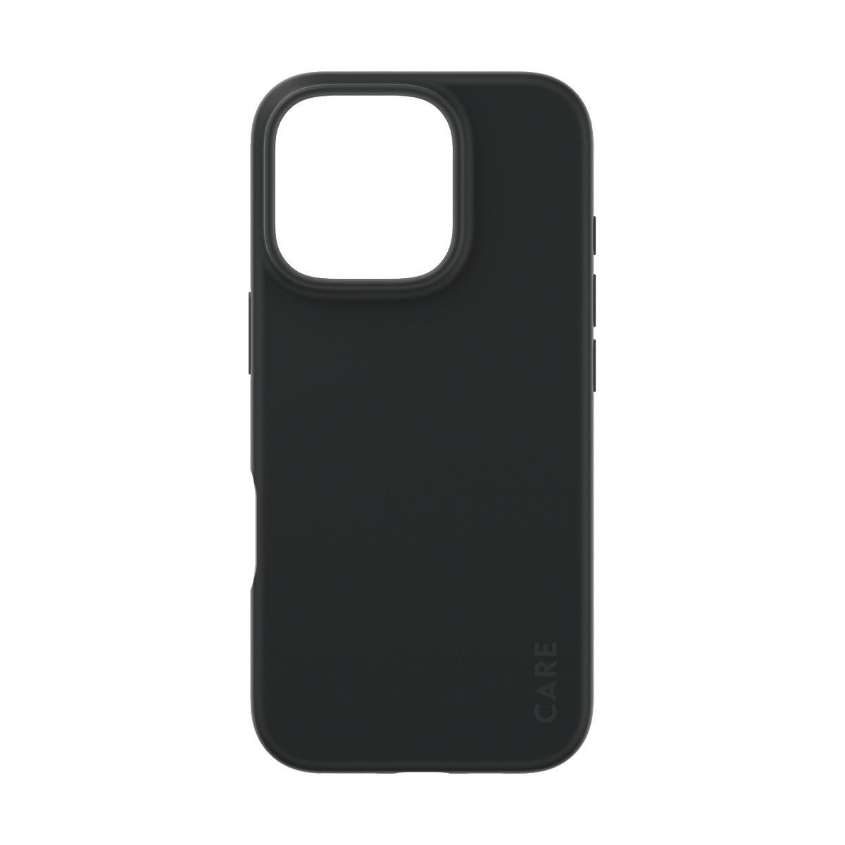 Custodia nera per smartphone, con foro per fotocamera e pulsanti laterali.