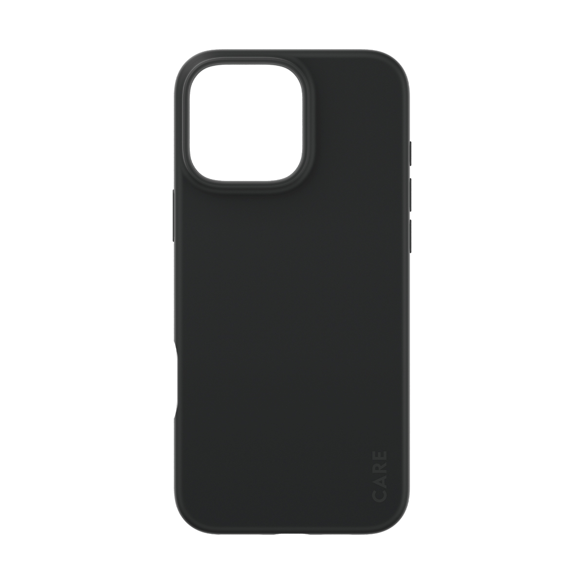 Custodia nera per smartphone, con foro per fotocamera e pulsanti laterali.