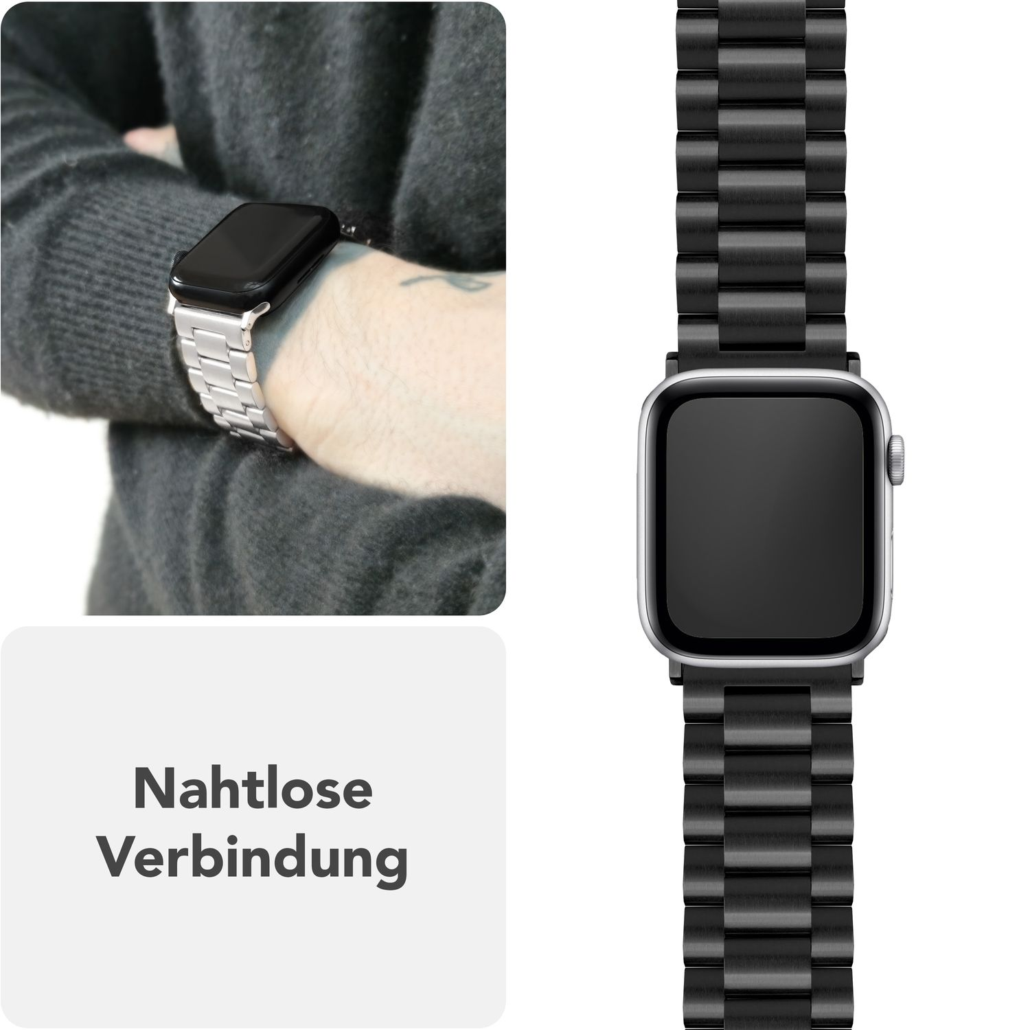 Schwarze Apple Watch am Handgelenk, plus silberne Uhr und Text.