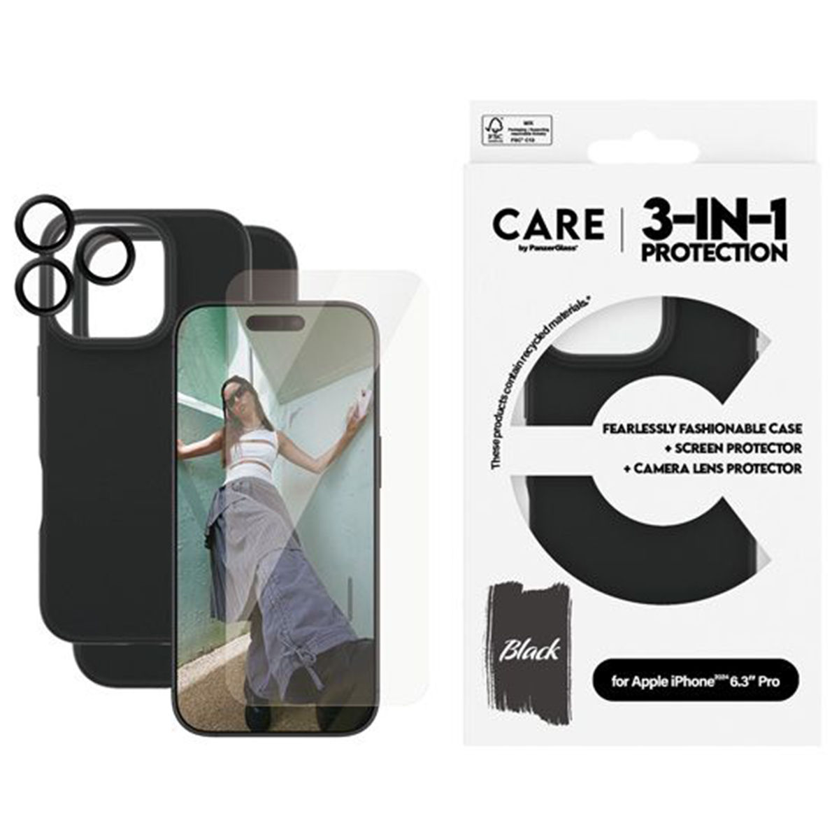 Custodia nera, protezione schermo e set proteggi obiettivo fotocamera.