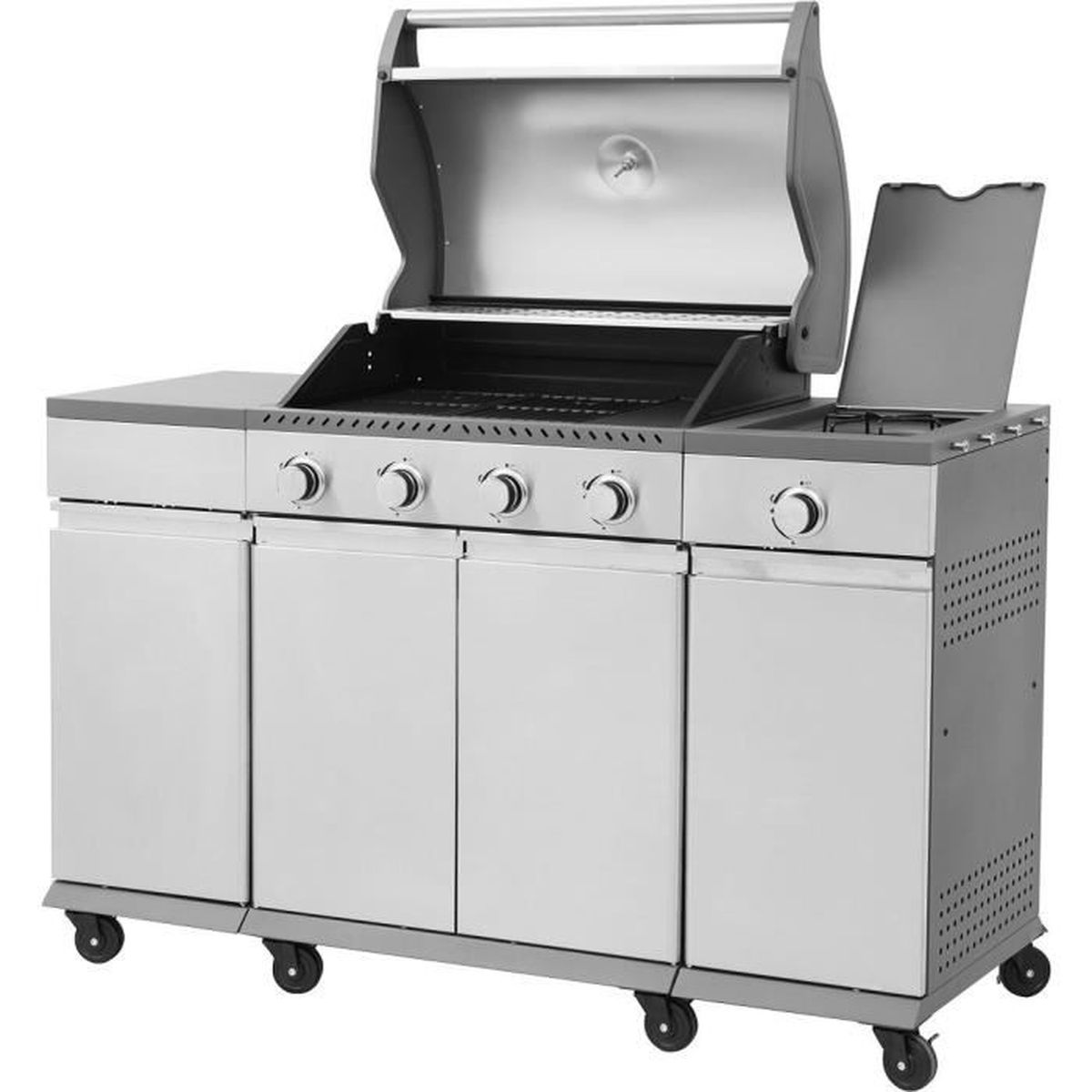 Edelstahl-Außengrill mit Türen, Knöpfen und Deckel, vor weißem Hintergrund.