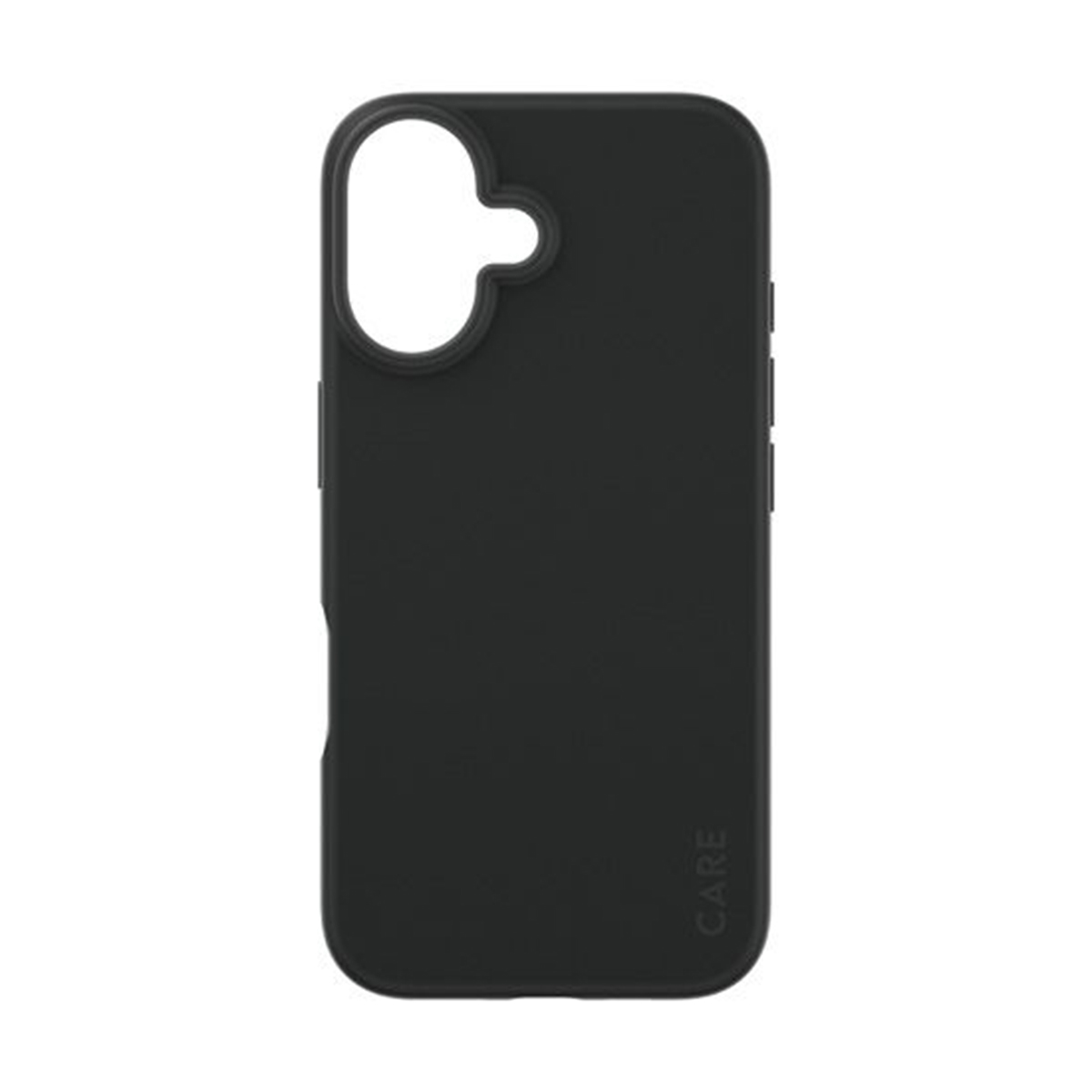 Custodia nera per smartphone, con foro per fotocamera, su sfondo bianco.