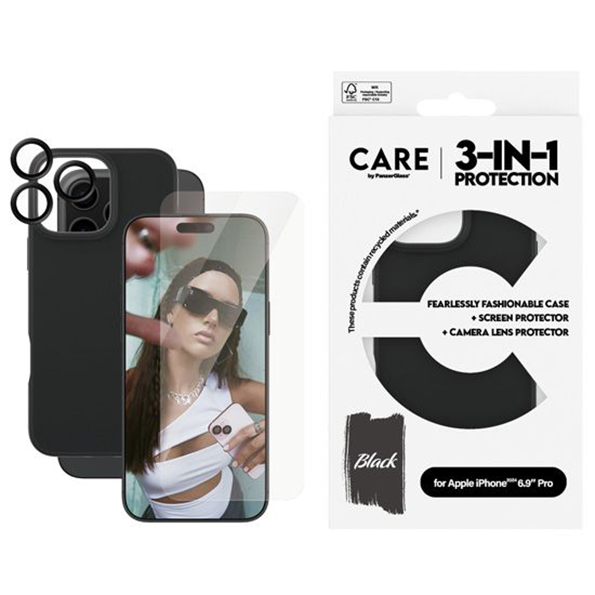 Custodia nera, protezione schermo, protezione obiettivo fotocamera e donna nell'immagine.