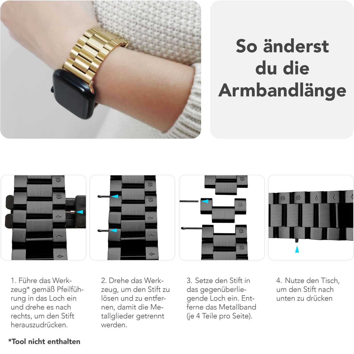 Anleitung zur Einstellung der Länge eines goldenen Uhrenarmbands, mit Werkzeug und Hand, weißer Hintergrund.