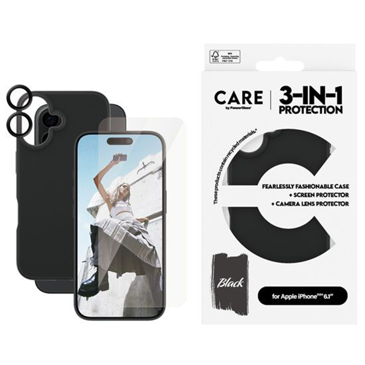 Custodia nera, protezione schermo e set proteggi obiettivo fotocamera.