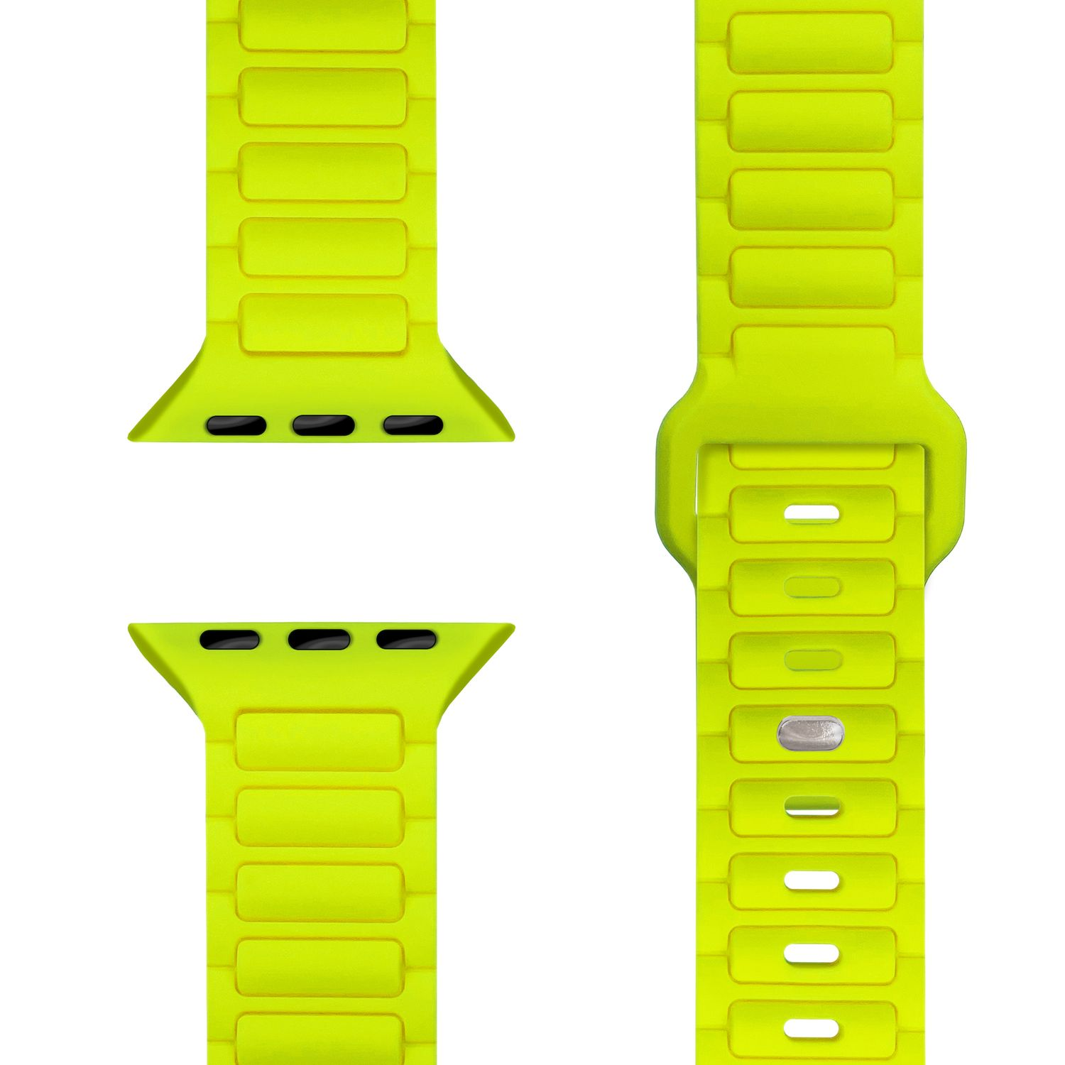 Hellgelbe Apple Watch Armbandsegmente, zeigen Flexibilität und Verschluss, weißer Hintergrund.