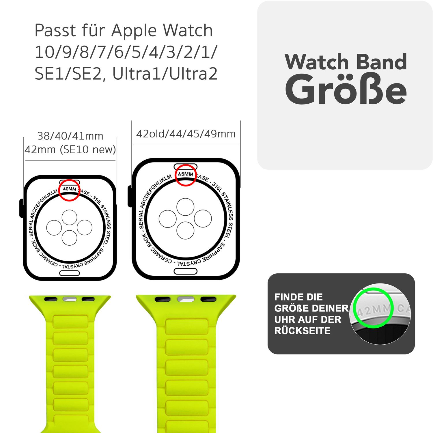 Diagramm mit Armbandgrößen für Apple Watch, einschließlich Abmessungen.