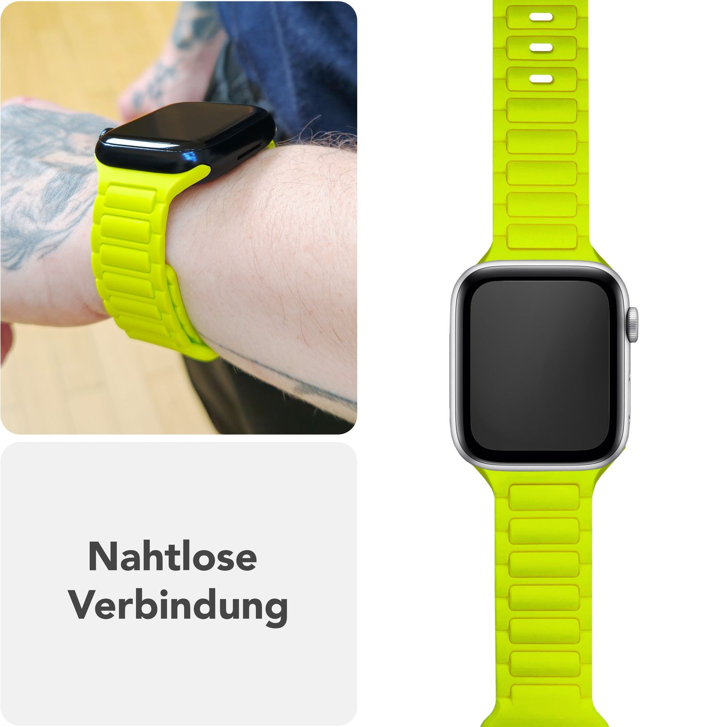 Eine Person, die eine Uhr mit einem limettengrünen Armband trägt, und ein Uhrenarmband auf weißem Hintergrund.