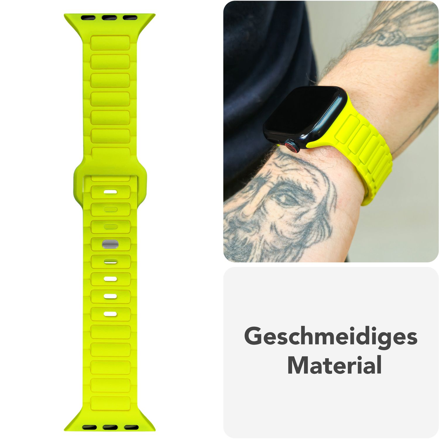 Eine Person, die eine Uhr mit einem limettengrünen Armband trägt, und ein Uhrenarmband auf weißem Hintergrund.