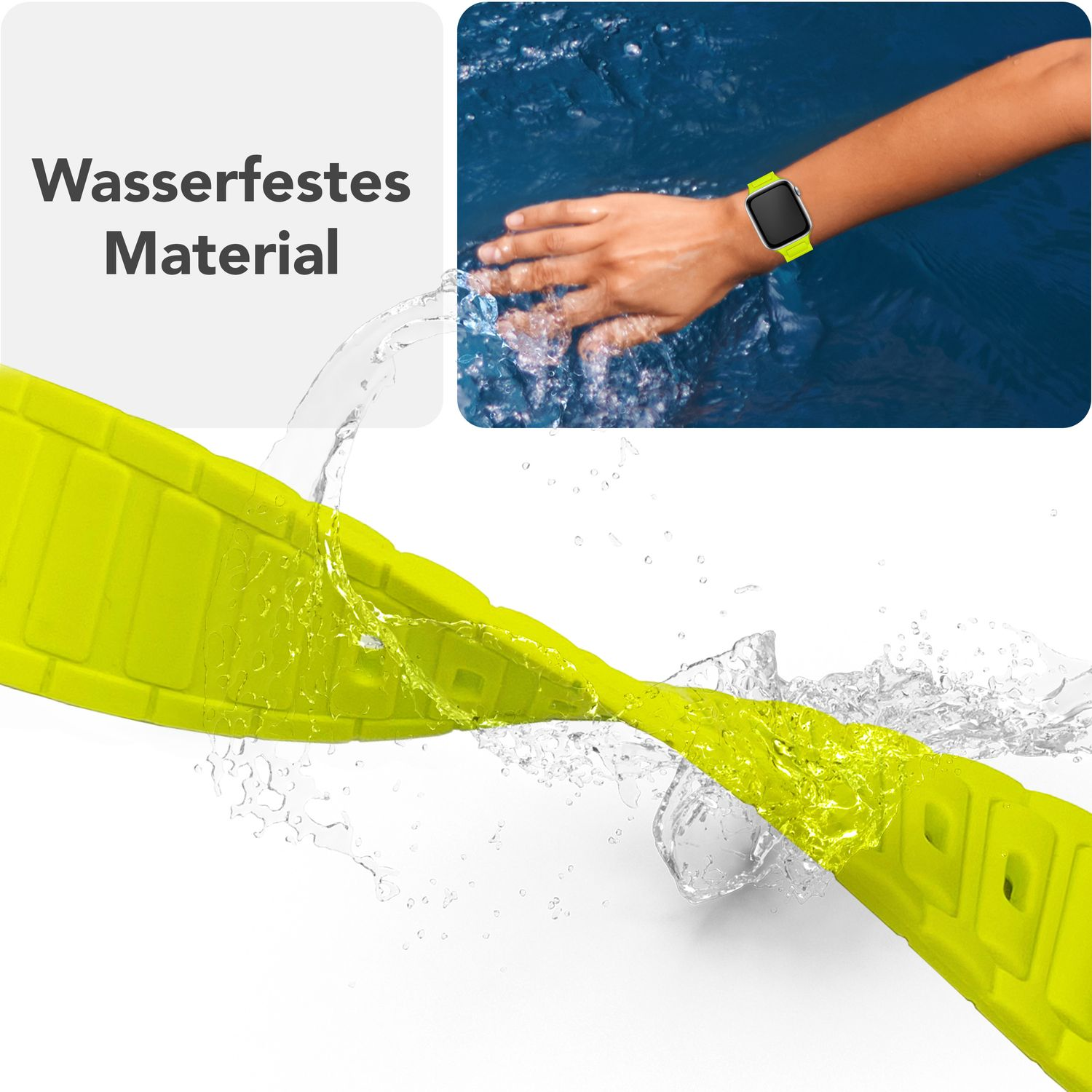 Ein Uhrenarmband in Limettengrün ist in Wasser getaucht, wobei Wasser darum herum spritzt.