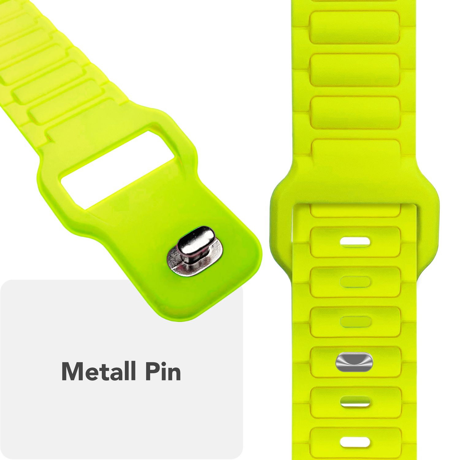Nahaufnahme eines neongrünen Uhrenarmbands mit Metallstift und Details.