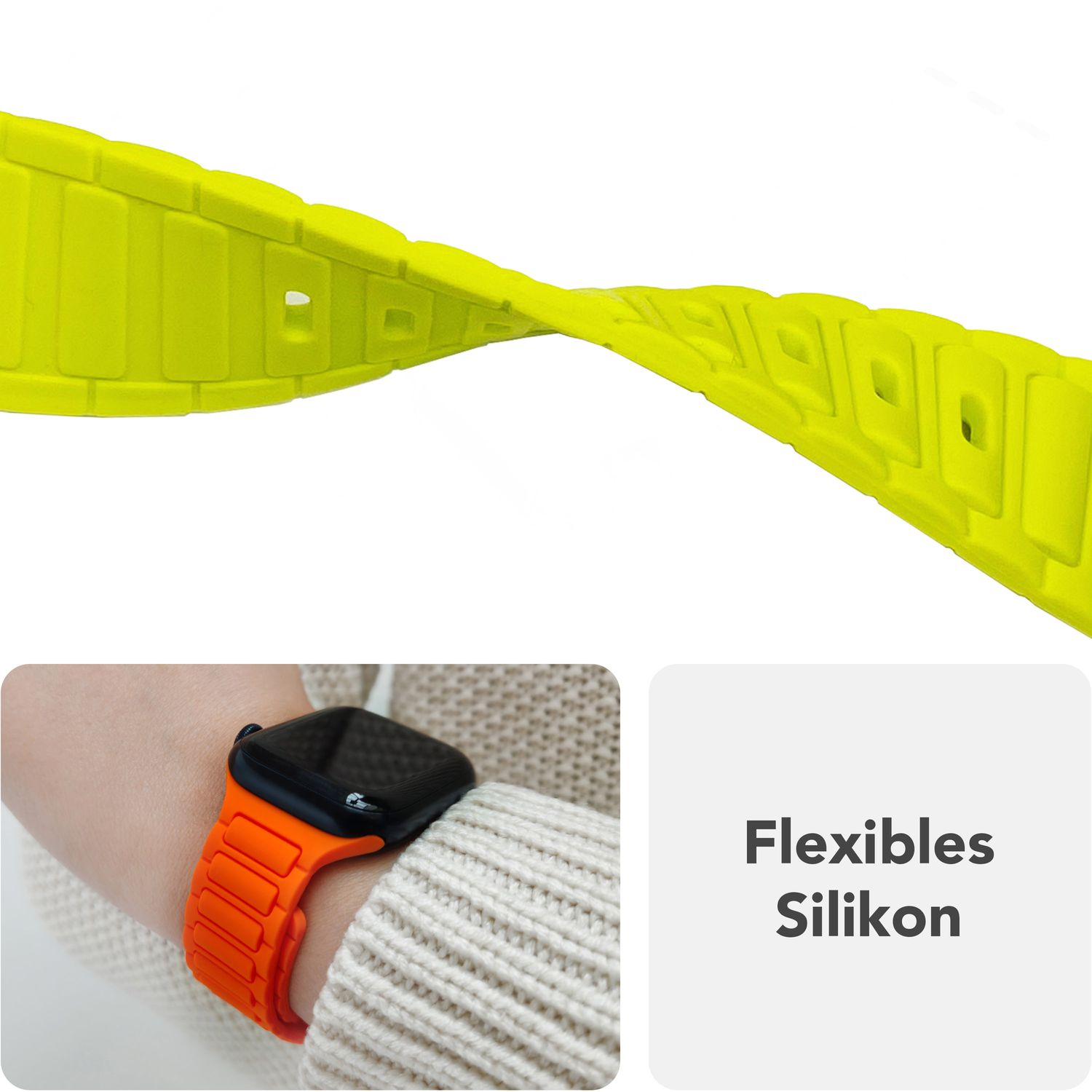 Nahaufnahme eines gelben Uhrenarmbands und eines orangenen am Handgelenk, mit Text 'Flexibles Silikon'.