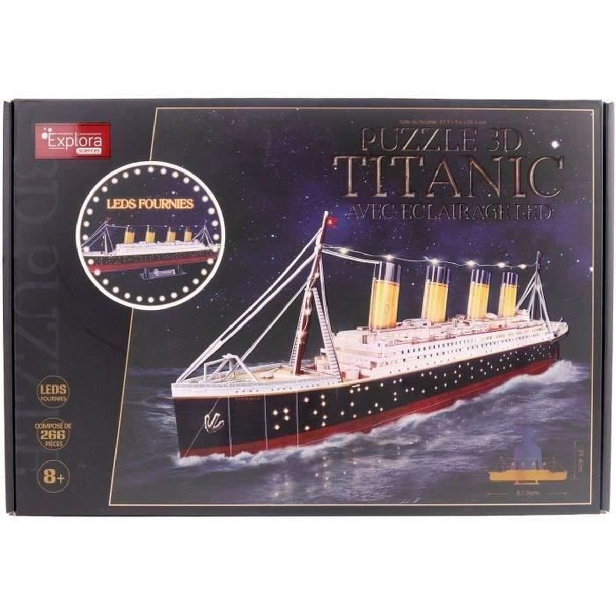 Una scatola di puzzle 3D del Titanic con un'immagine della nave e il testo 'LEDs Fournies'.