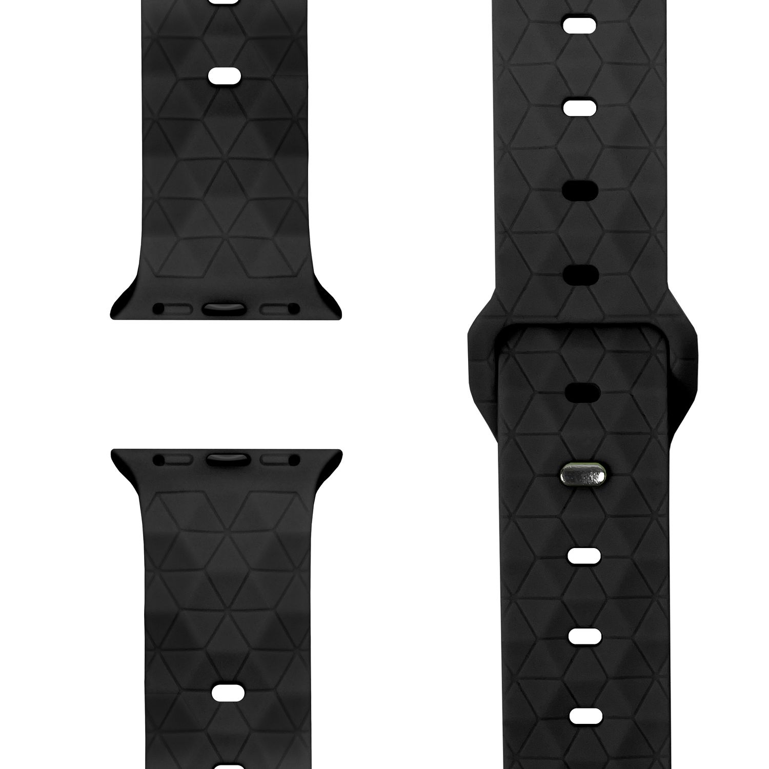 Nahaufnahme eines schwarzen Uhrenarmbands mit geometrischem Muster, das Band und seine Befestigungspunkte zeigt.