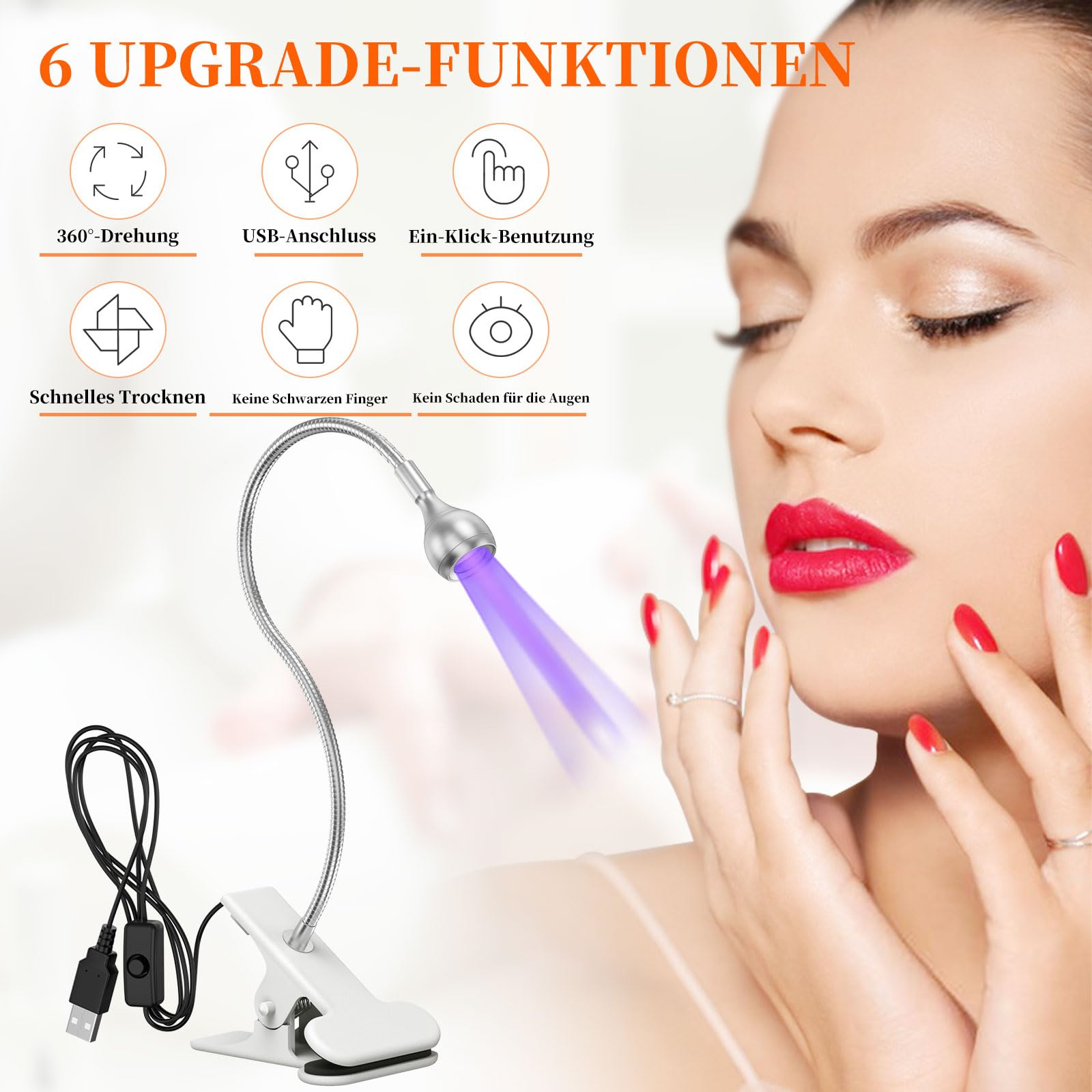 Eine Frau mit rotem Lippenstift benutzt eine Nagellampe. Text zeigt Upgrade-Funktionen: 360° Drehung, USB und schnell trocknend.