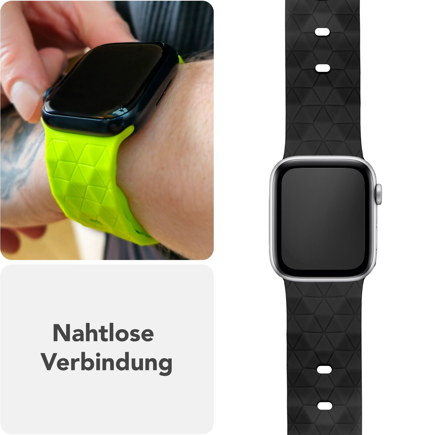 Das Handgelenk einer Person mit einem grünen Uhrenarmband links und einem schwarzen Uhrenarmband rechts.