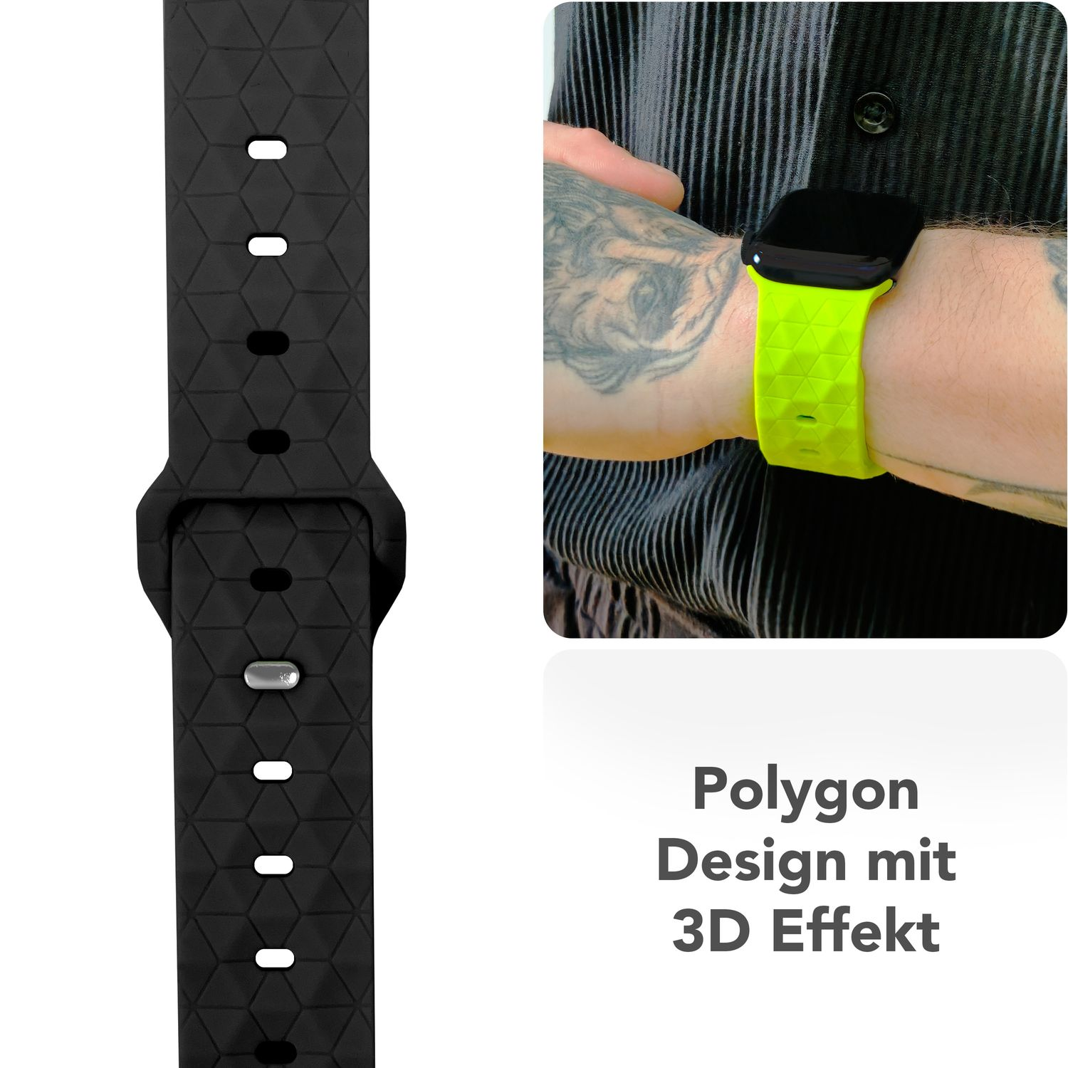 Apple Watch am Handgelenk mit schwarzem Armband. Text sagt 'Polygon Design mit 3D Effekt' (Polygon-Design mit 3D-Effekt).