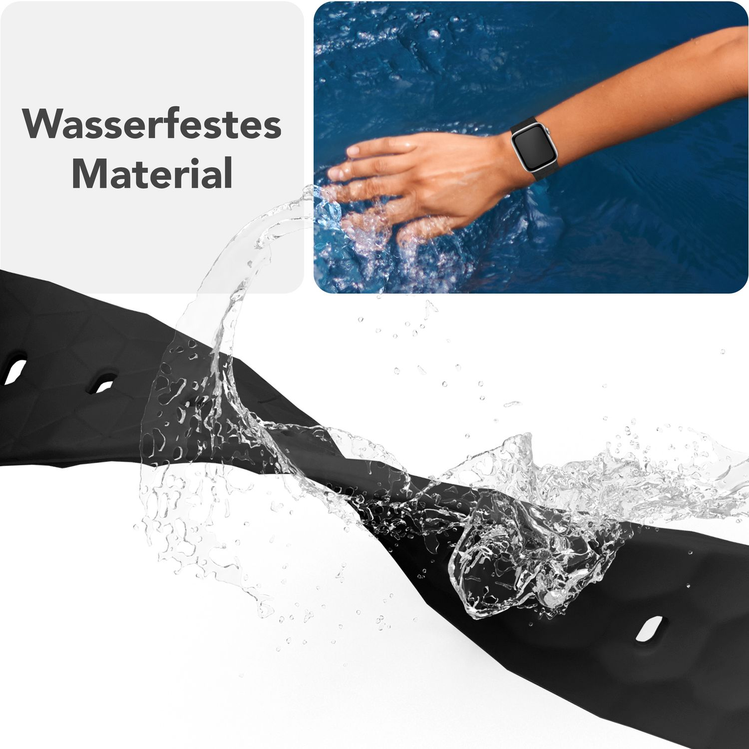 Apple Watch am Handgelenk im Wasser mit schwarzem Armband. Text sagt 'Wasserfestes Material' (Wasserdichtes Material).