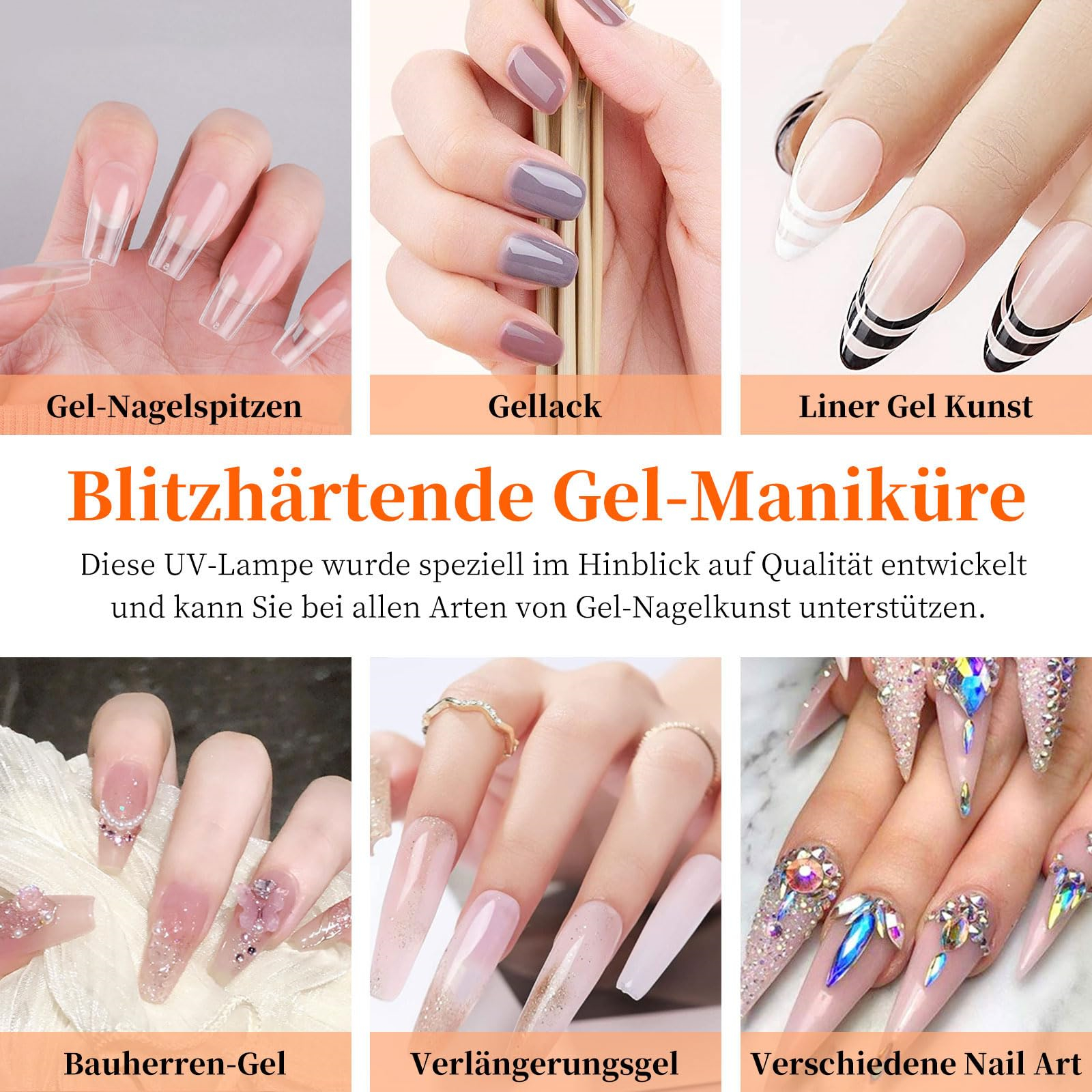 Collage von Maniküren, verschiedenen Stilen und Designs, einschließlich Gelnägeln und Nailart.
