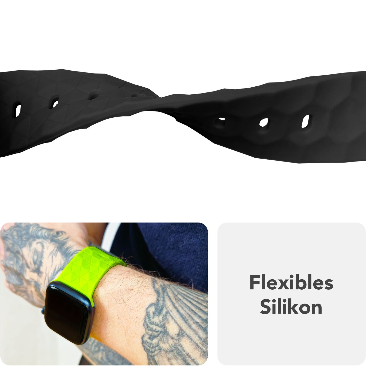 Apple Watch am Handgelenk mit lindgrünem Armband. Text sagt 'Flexibles Silikon' (Flexibles Silikon).