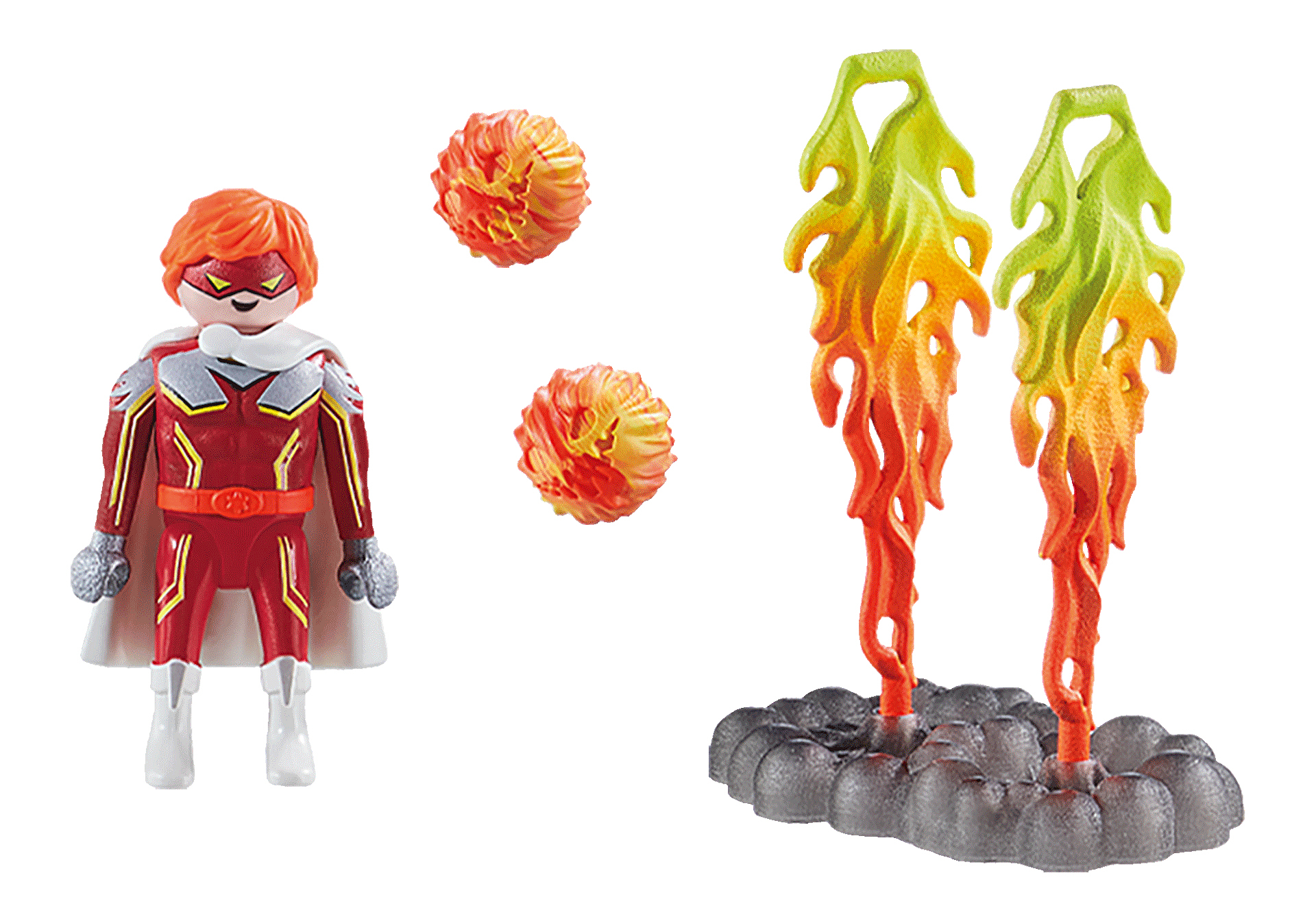 Figurka superbohatera Playmobil z płomieniami i kulami ognia. Figurka ma czerwono-biały strój z peleryną.