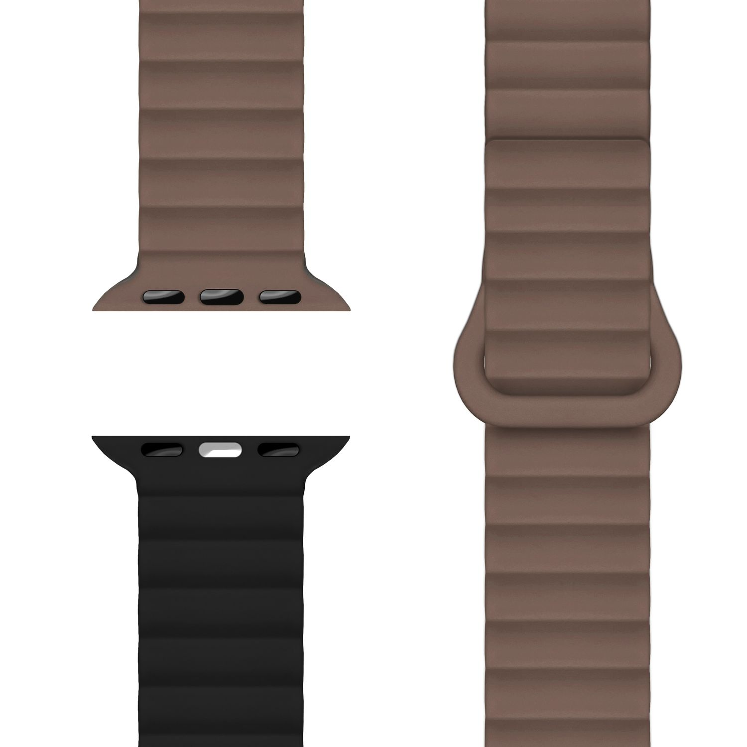 Zwei Armbänder, braun und schwarz, mit magnetischem Verschluss, Nahaufnahme.