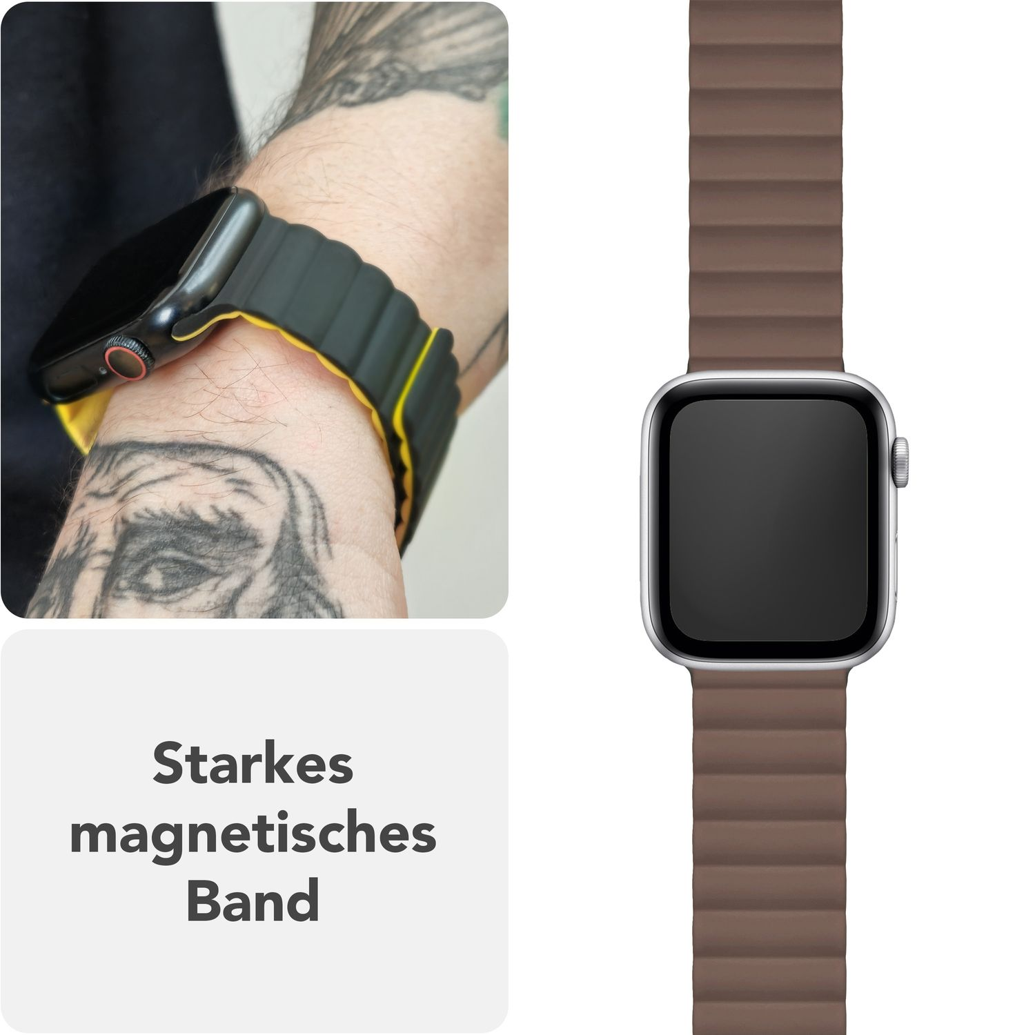 Armband am Handgelenk, braun und schwarz, magnetischer Verschluss gezeigt, Textblock mit 