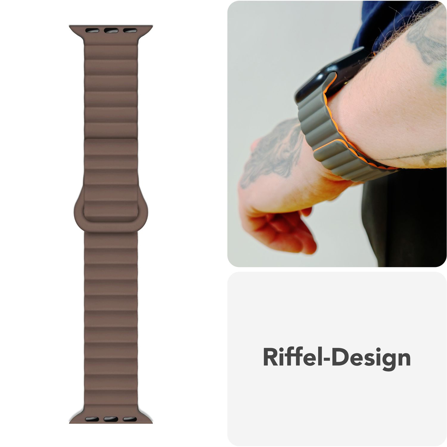 Braunes magnetisches Uhrenarmband mit Rippendesign.