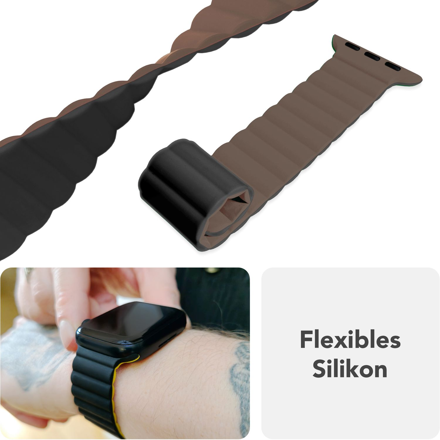 Flexibles Armband mit einer Person, die die Uhr trägt, braune und schwarze Farbe.