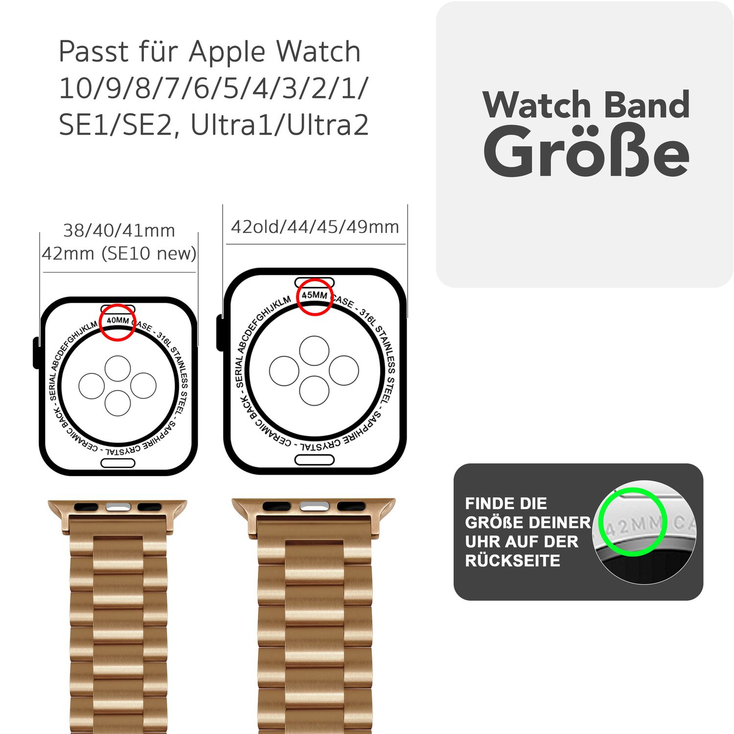 Diagramm mit Apple Watch-Bandgrößen und Bandstilen.