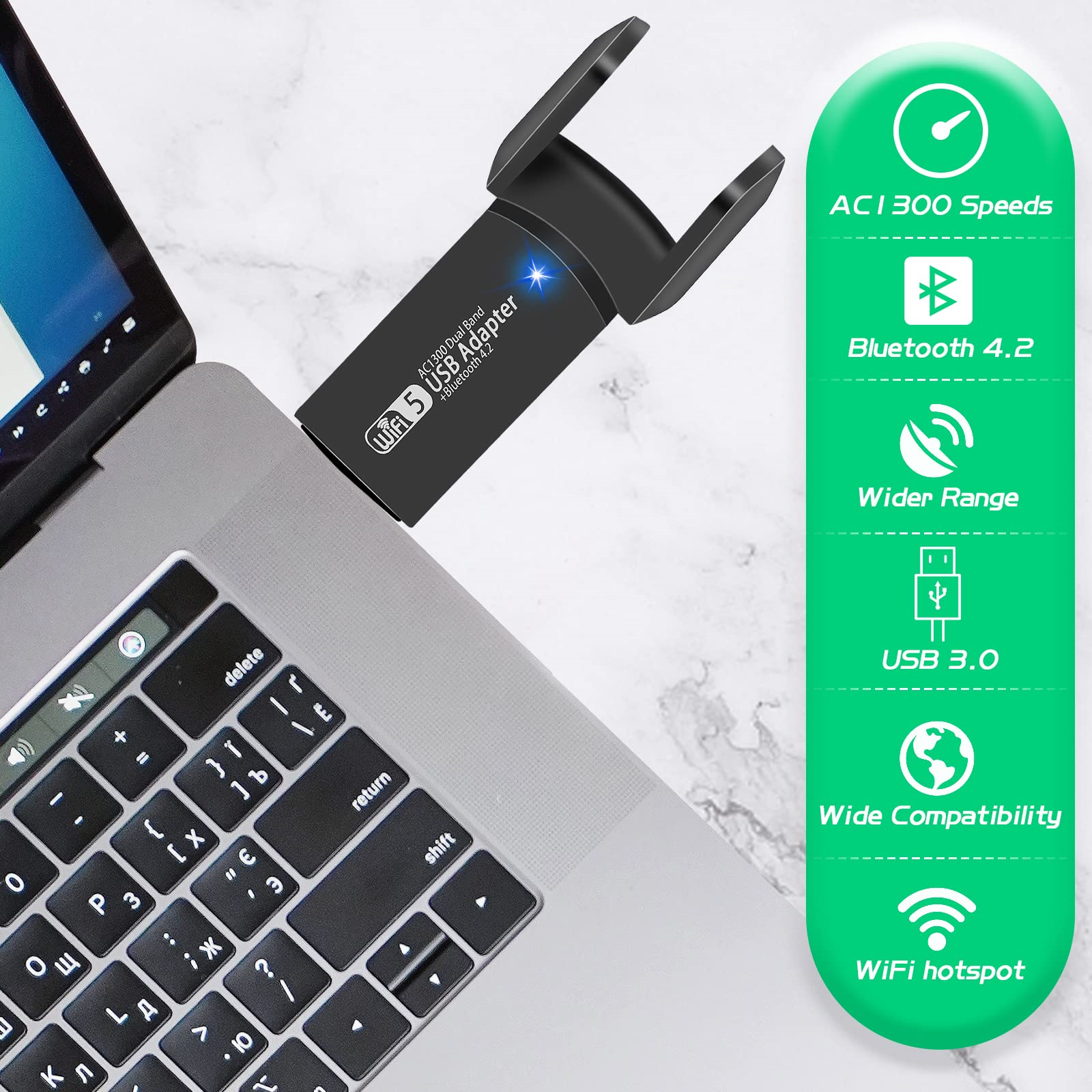 Ein USB-Adapter, der an einen Laptop angeschlossen ist, zeigt seine Funktionen, mit grünem Infobereich.