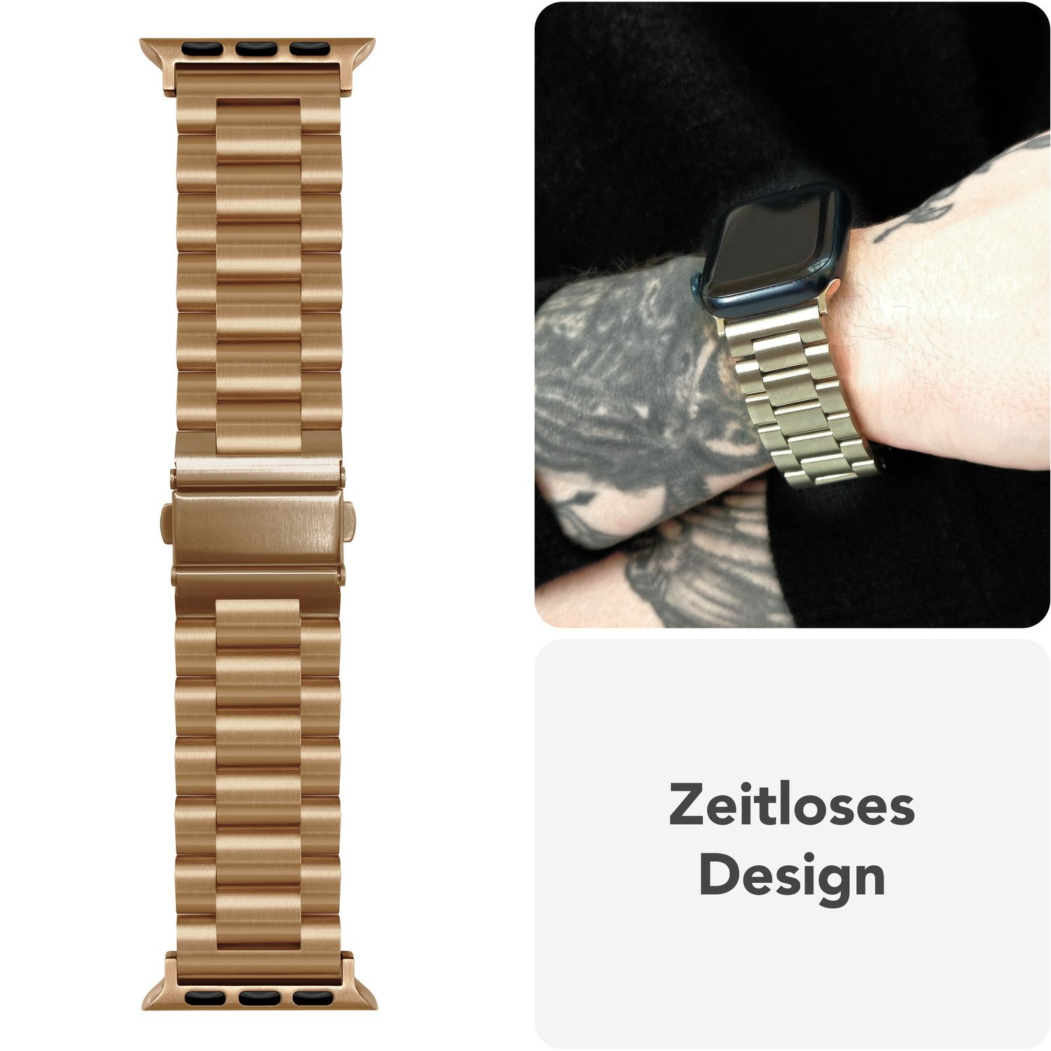 Goldenes Uhrenarmband und ein Handgelenk, das das Armband trägt. Das Band ist ein goldfarbener Gliederstil mit Faltschließe.
