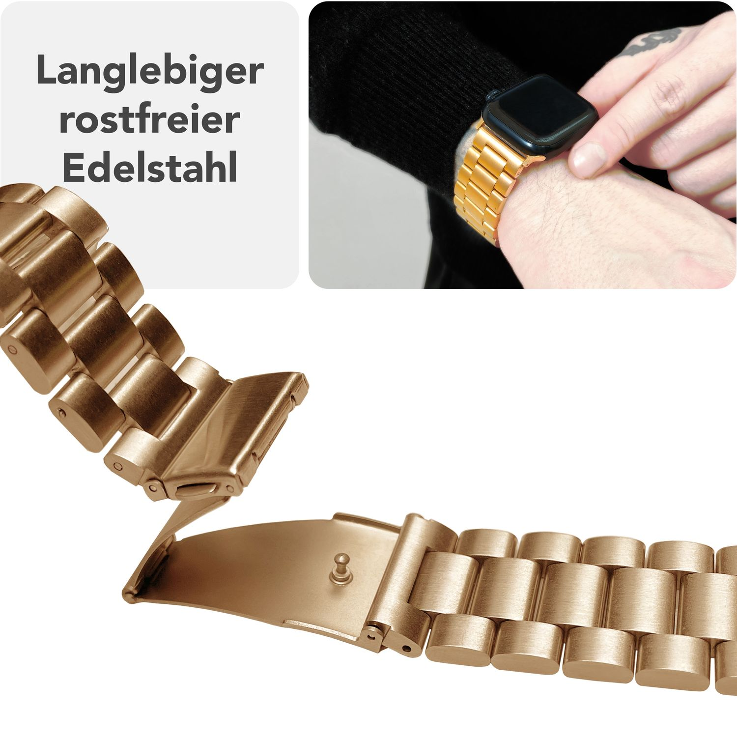 Goldenes Uhrenarmband am Handgelenk. Langlebiger Edelstahl.