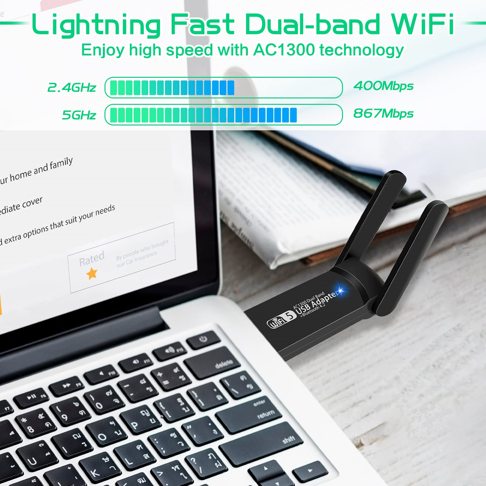 USB-Adapter an einem Laptop angeschlossen, zeigt 2,4 GHz und 5 GHz WLAN-Geschwindigkeitsbalken.
