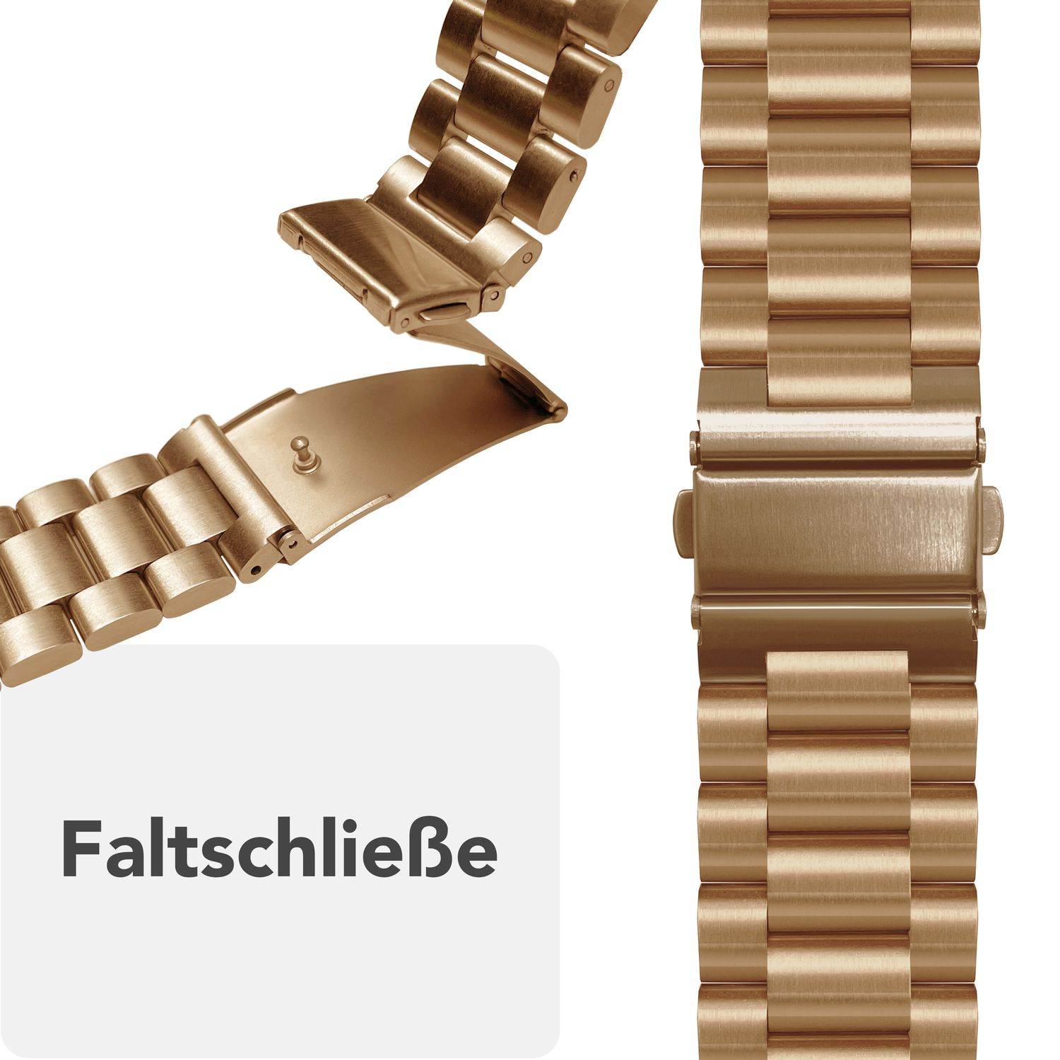 Goldene Uhrenarmband-Schließe. Nahaufnahme zeigt die offene Schließe und die verbundenen Glieder.