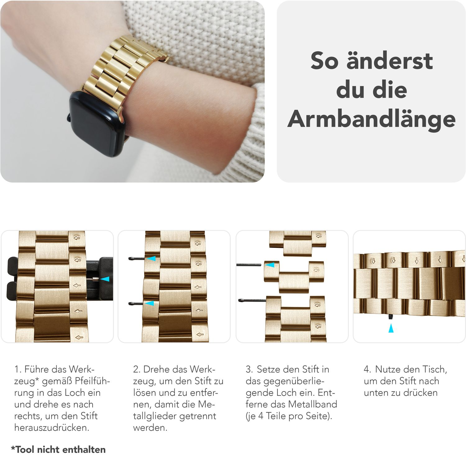 Anleitung zum Anpassen der Länge eines goldenen Uhrenarmbands.