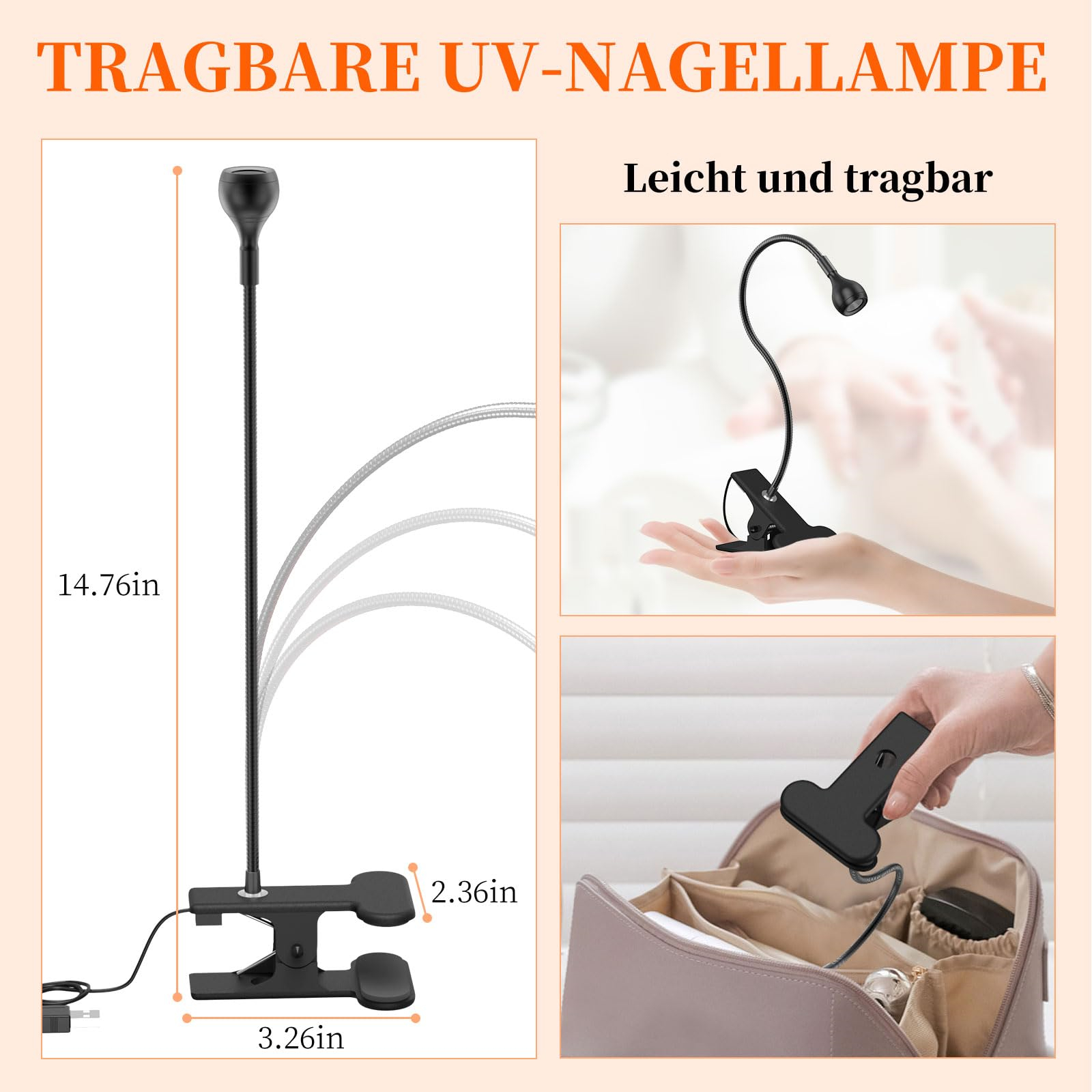 Schwarze UV-Nagellampe mit flexiblem Arm und Clip, auf weißem Hintergrund.