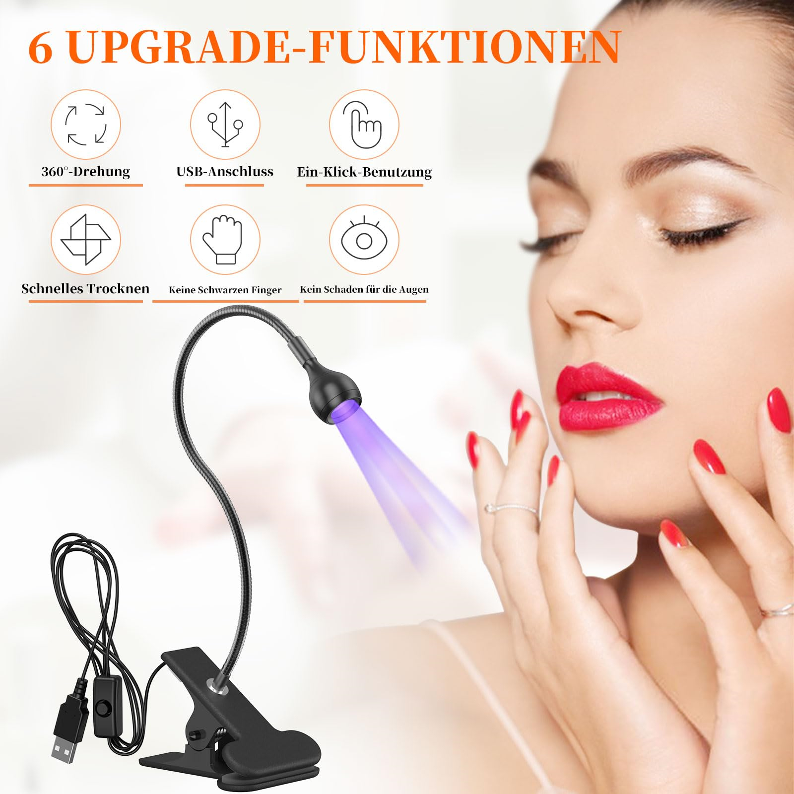 Frau mit rotem Lippenstift, die eine Nagellampe benutzt, sechs Upgrade-Funktionen im Hintergrund.