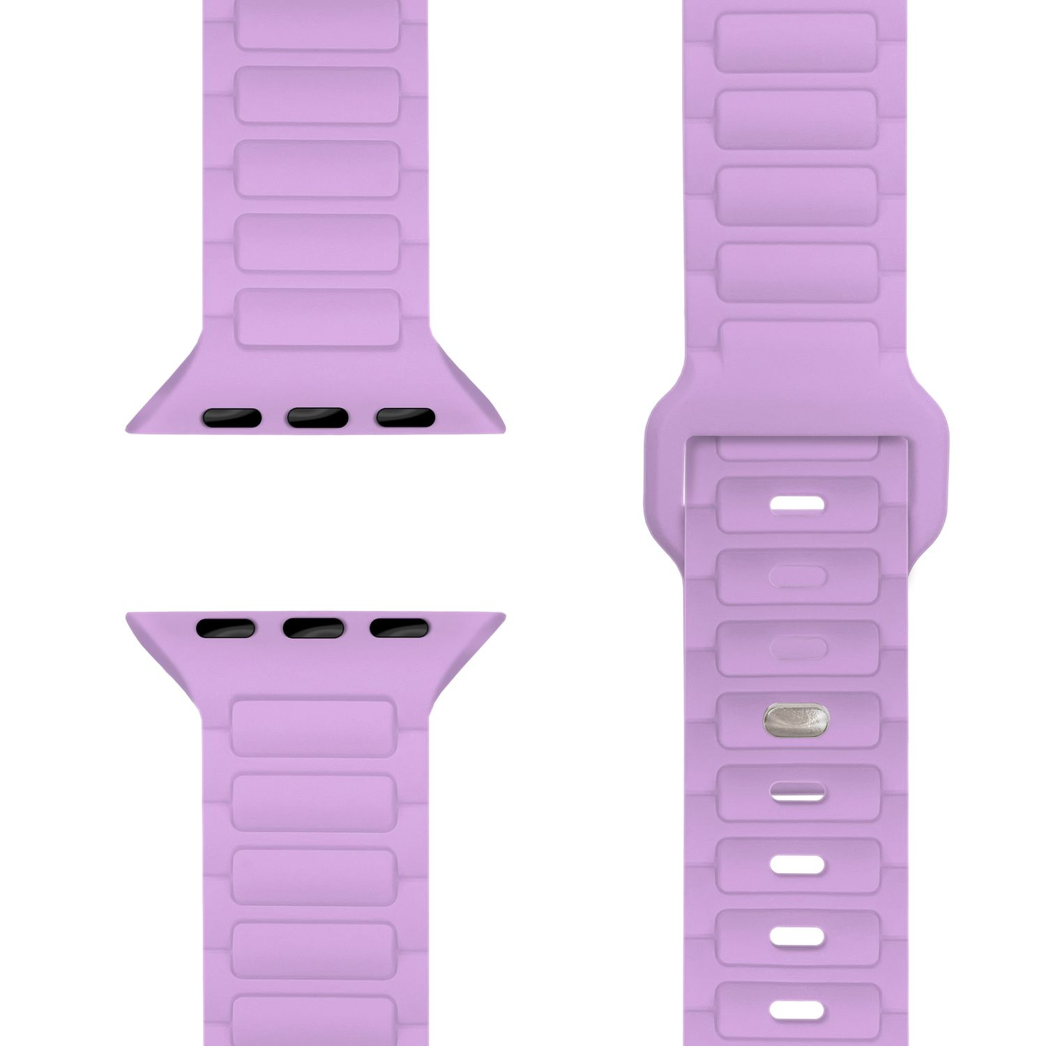 Nahaufnahme eines hellvioletten Apple Watch-Armbands. Es ist segmentiert.