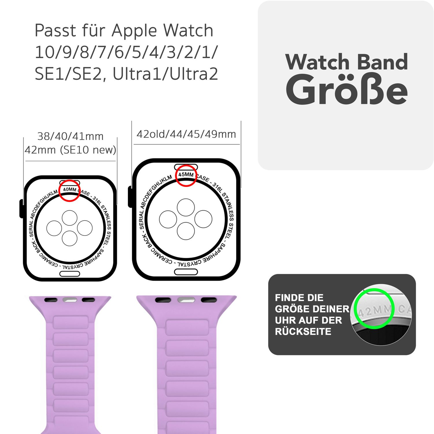 Diagramm für Apple Watch-Armbänder. Zeigt verschiedene Größen mit Illustrationen. Enthält Text und Abmessungen.