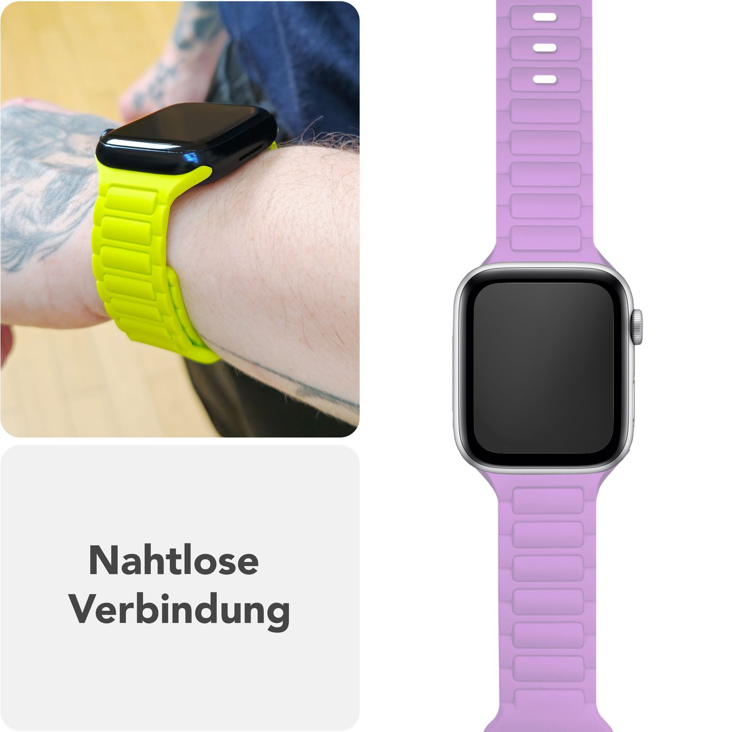 Eine Person, die ein gelbes Uhrenarmband trägt, und eine Nahaufnahme eines lila Uhrenarmbands auf weißem Hintergrund.