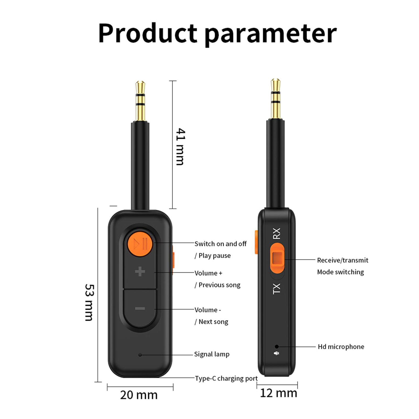 Schwarzes Audiogerät mit orangefarbenen Tasten, Abmessungen und Text.
