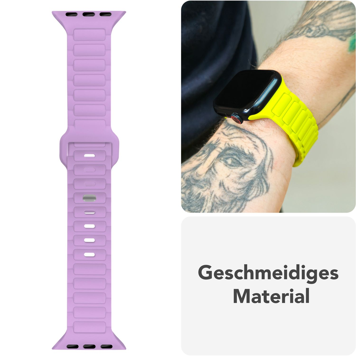 Zwei Bilder: ein helllila Uhrenarmband und das Handgelenk einer Person mit einem gelben Uhrenarmband.