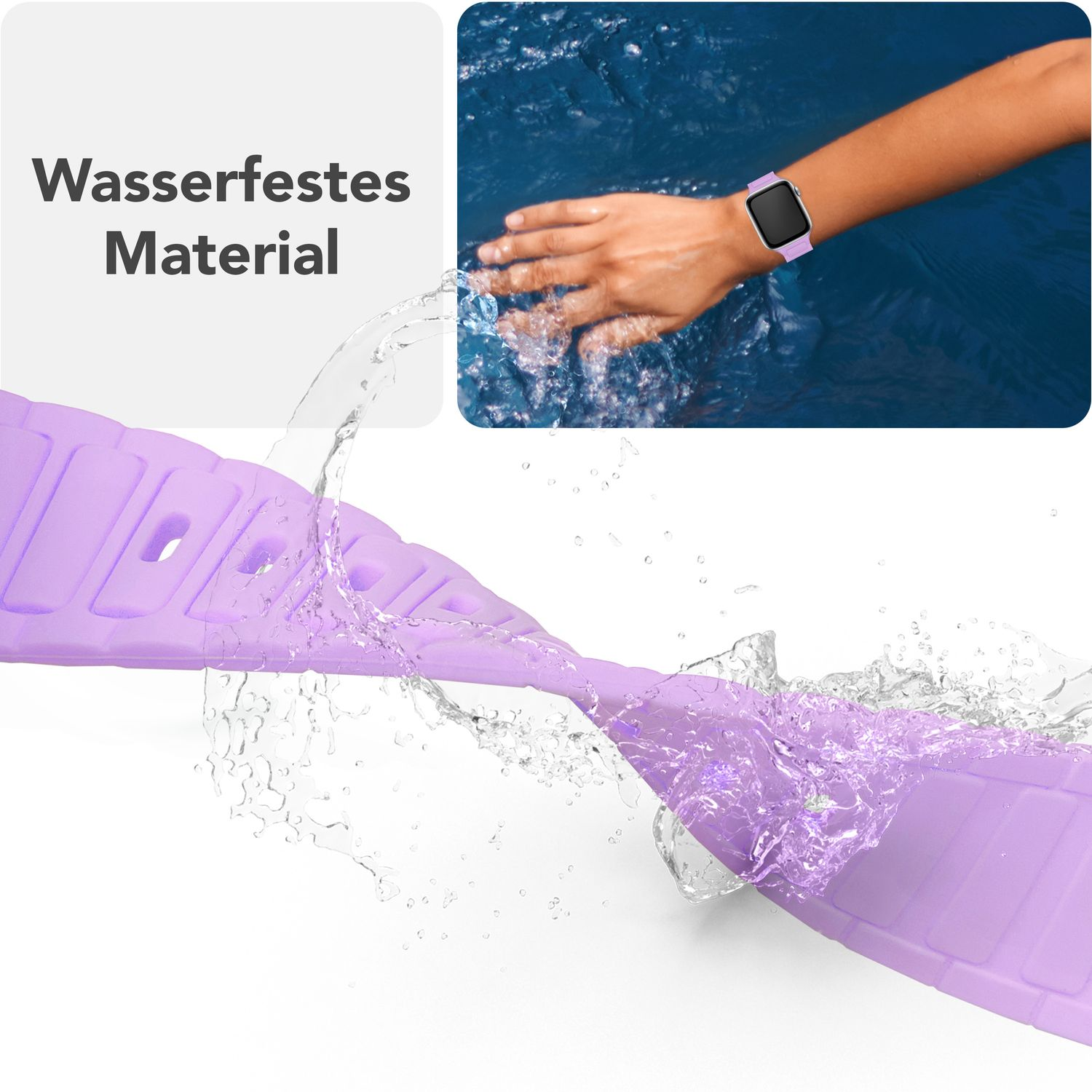 Wasser spritzt auf ein lila Uhrenarmband. Ein Handgelenk mit der Uhr ist sichtbar.
