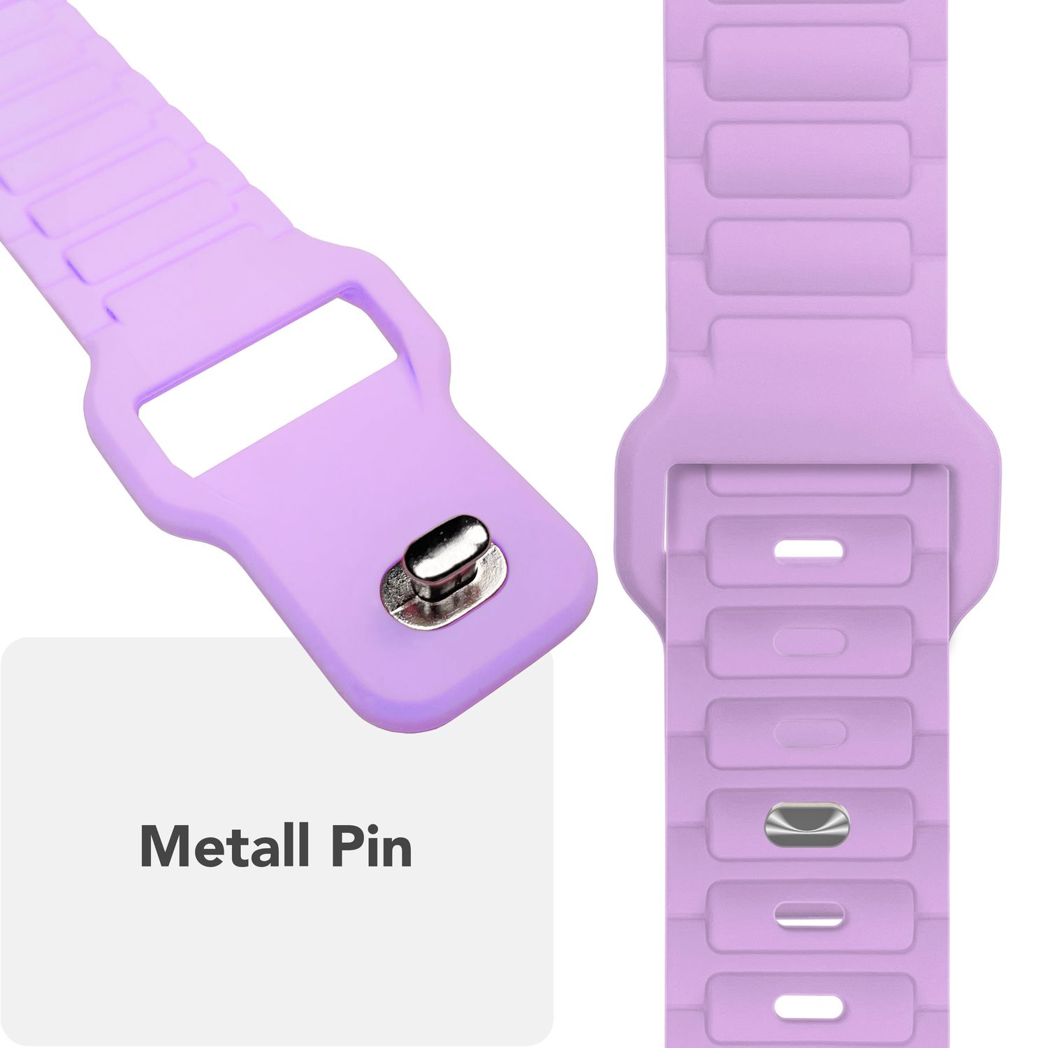 Nahaufnahme eines Apple Watch-Armbands: ein Metallstift und ein violettes Band mit Text.