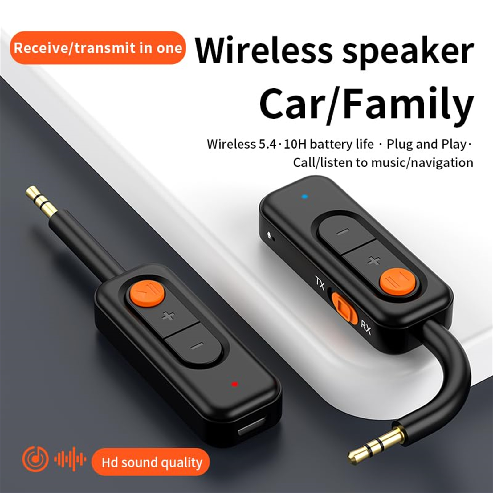 Schwarzes Audiogerät mit orangefarbenen Tasten und 3,5-mm-Klinke und Text.
